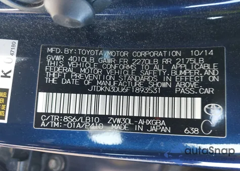 2015 Toyota Prius Five z USA, uszkodzony, nr VIN JTDKN3DU6F1893531